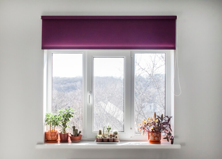 Purple roller blinds installed on a window